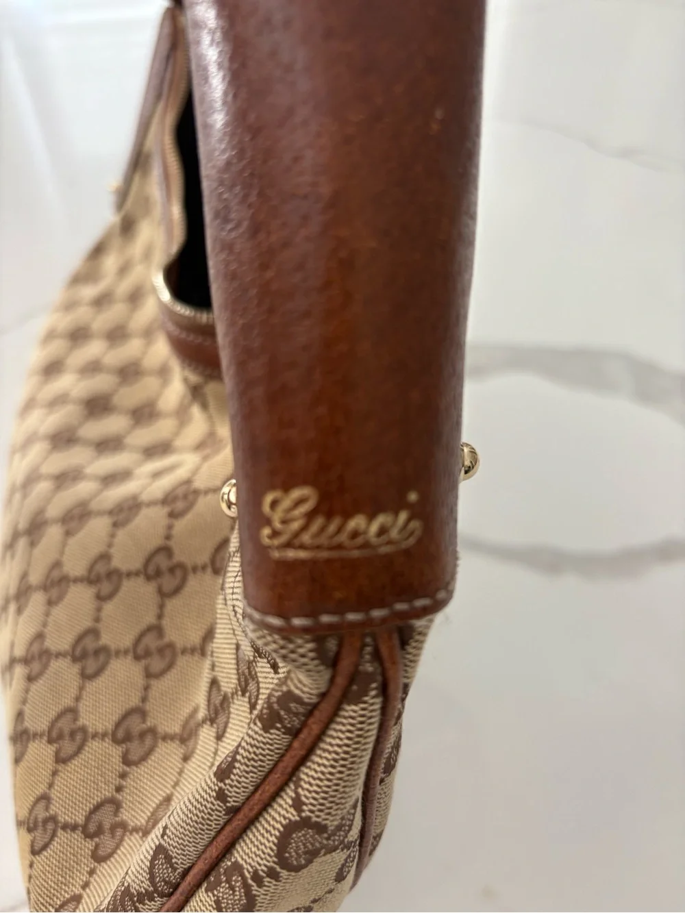Gucci Beige GG Canvas & Brown Leather Hobo with Bamboo Handles-Vintage